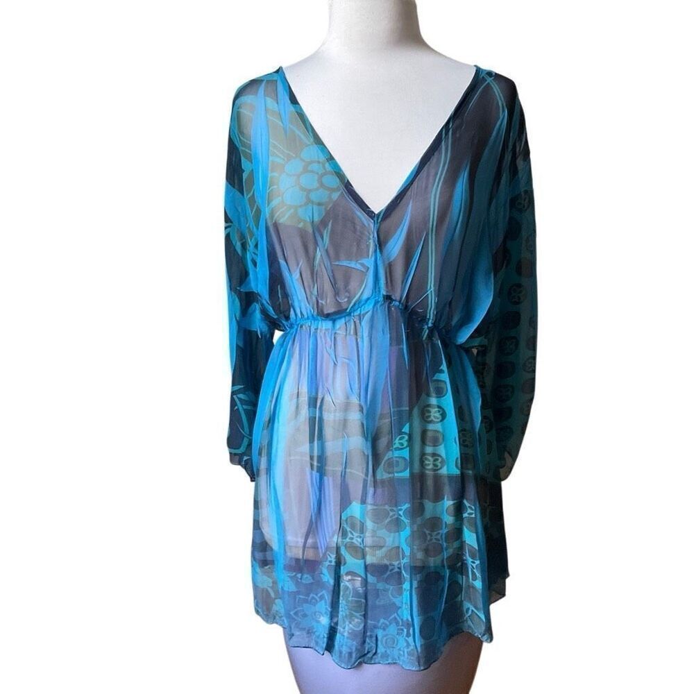 David Benjamin Sheer Dress/coverup. Statement Sleeves. Mini. Blue Green And Blac